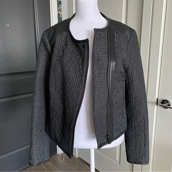 All Saints Black Wool Blend Quilted Moto Jacket with Leather Trim Size 8 - Picture 2 of 11